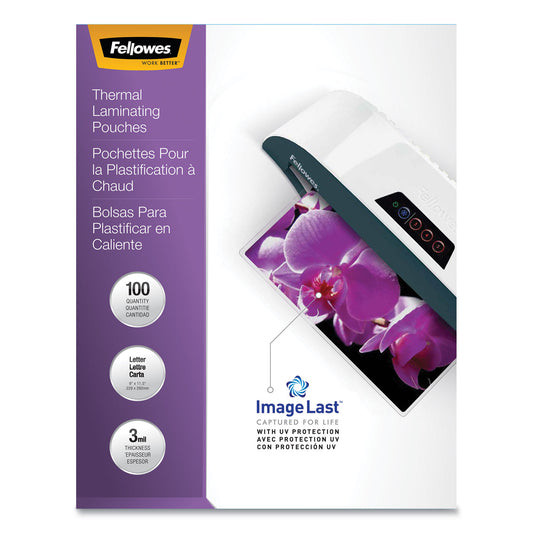 Fellowes ImageLast Laminating Pouches with UV Protection, 3 mil, 9" x 11.5", Clear, 100/Pack (52454)