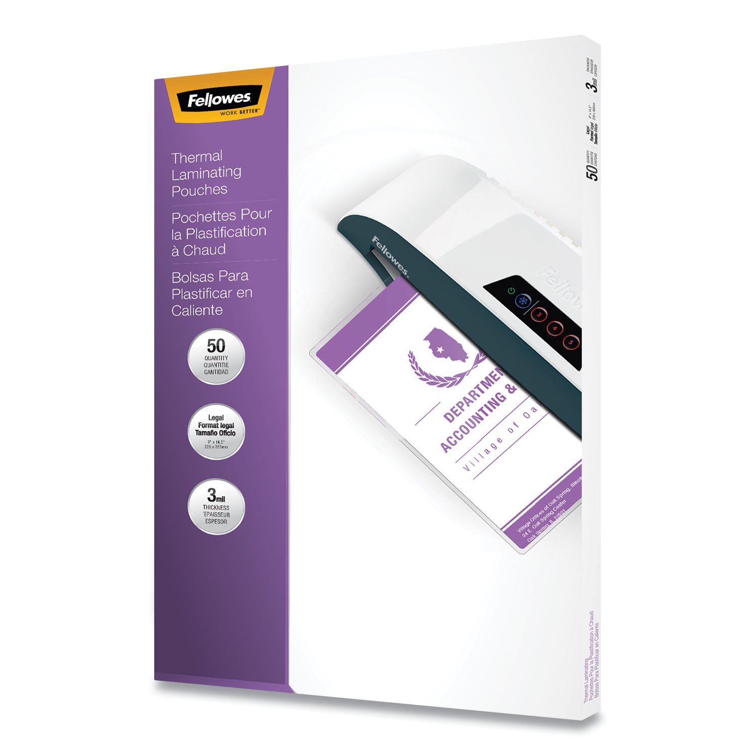 Fellowes Laminating Pouches, 3 mil, 9" x 14.5", Gloss Clear, 50/Pack (52226)