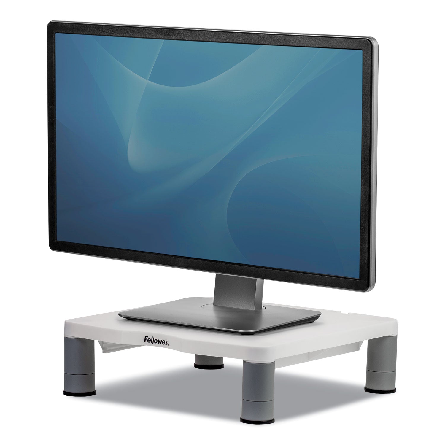 Fellowes Standard Monitor Riser, For 21" Monitors, 13.38" x 13.63" x 2" to 4", Platinum/Graphite, Supports 60 lbs (91712)