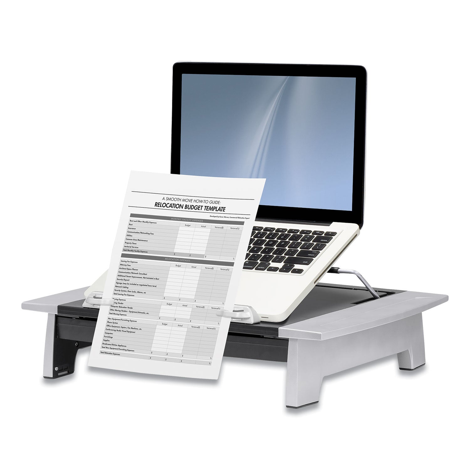 Fellowes Office Suites Monitor Riser Plus, 19.88" x 14.06" x 4" to 6.5", Black/Silver, Supports 80 lbs (8036601)