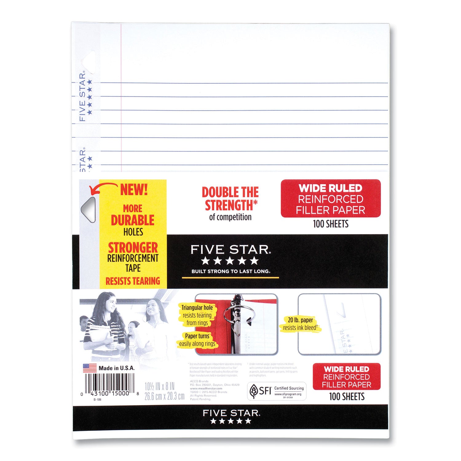 Five Star Reinforced Filler Paper, 3-Hole, 8 x 10.5, Wide/Legal Rule, 100/Pack (1506)