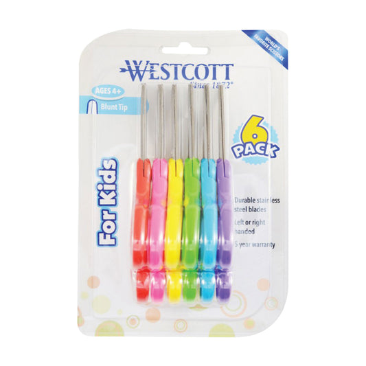 Westcott For Kids Scissors, Rounded Tip, 5" Long, 1.75" Cut Length, Straight Assorted Color Handles, 6/Pack (16454)