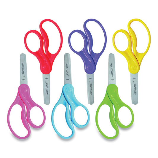 Westcott For Kids Scissors, Rounded Tip, 5" Long, 1.75" Cut Length, Straight Assorted Color Handles, 6/Pack (16454)