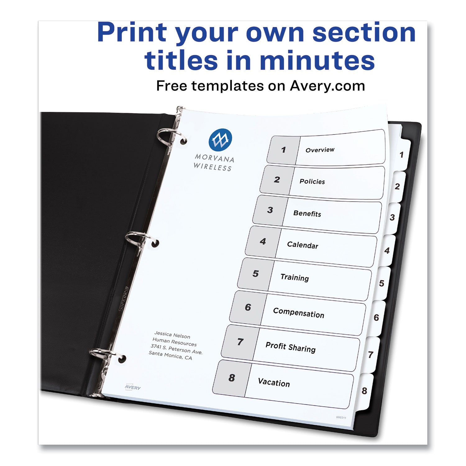Avery Customizable Table of Contents Ready Index Black and White Dividers, 8-Tab, 1 to 8, 11 x 8.5, White, 6 Sets (11822)