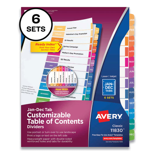 Avery Customizable Table of Contents Ready Index Multicolor Dividers, 12-Tab, Jan. to Dec., 11 x 8.5, White, 6 Sets (11830)
