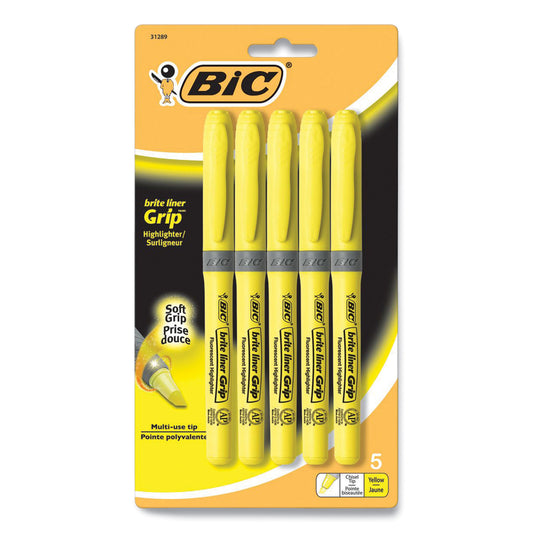 BIC Brite Liner Grip Pocket Highlighter, Fluorescent Yellow Ink, Chisel Tip, Yellow/Black/Silver Barrel, 5/Pack (31289)