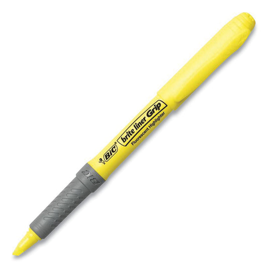 BIC Brite Liner Grip Pocket Highlighter, Fluorescent Yellow Ink, Chisel Tip, Yellow/Black/Silver Barrel, 5/Pack (31289)