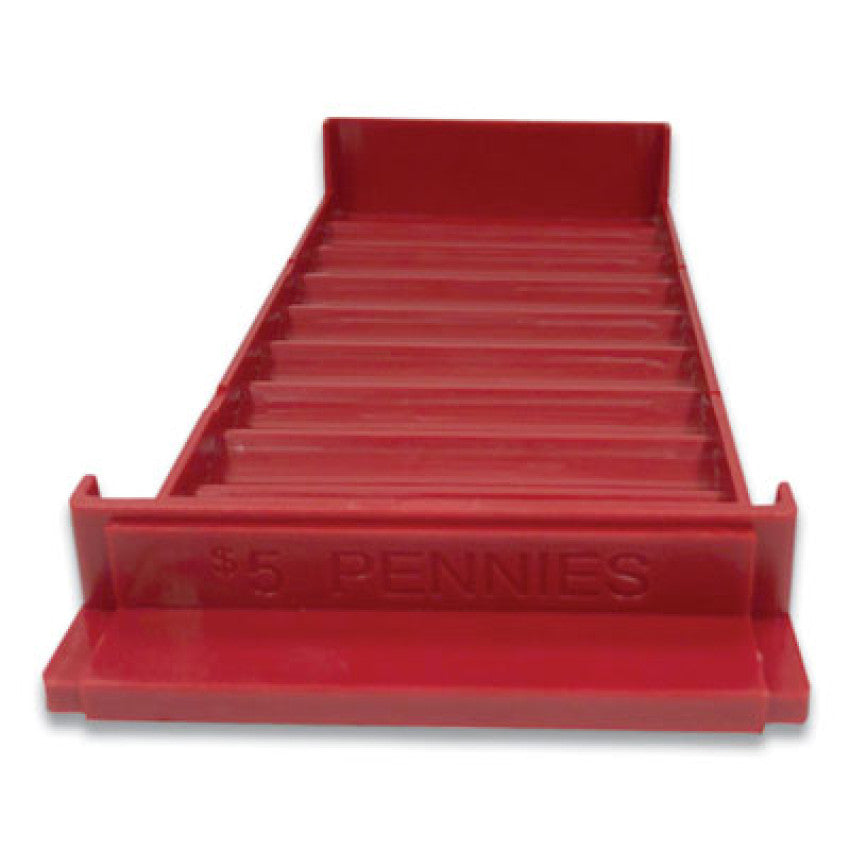 CONTROLTEK Stackable Plastic Coin Tray, Pennies, 10 Compartments, Denomination and Capacity Etched On Side, Stackable, 10 x 5, Red (560560EA)