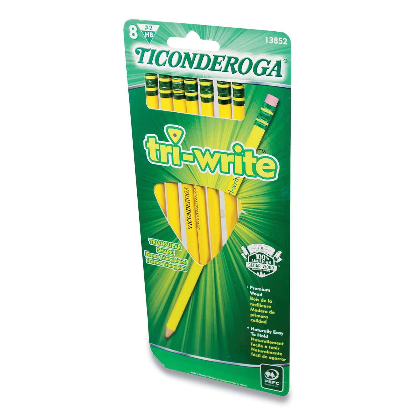 Ticonderoga Tri-Write Triangular Pencil, HB (#2), Black Lead, Yellow Barrel, 8/Pack (13852)