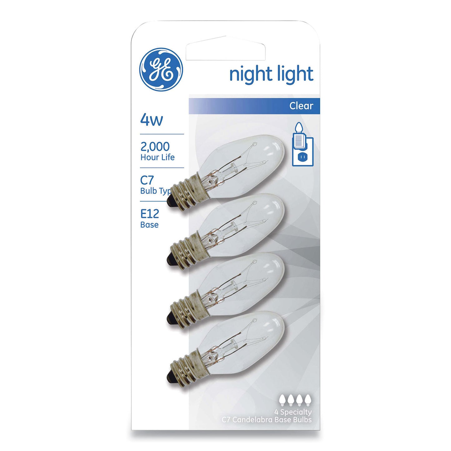 GE Incandescent C7 Night Light Bulb, 4 W, Clear, 4/Pack (20572)