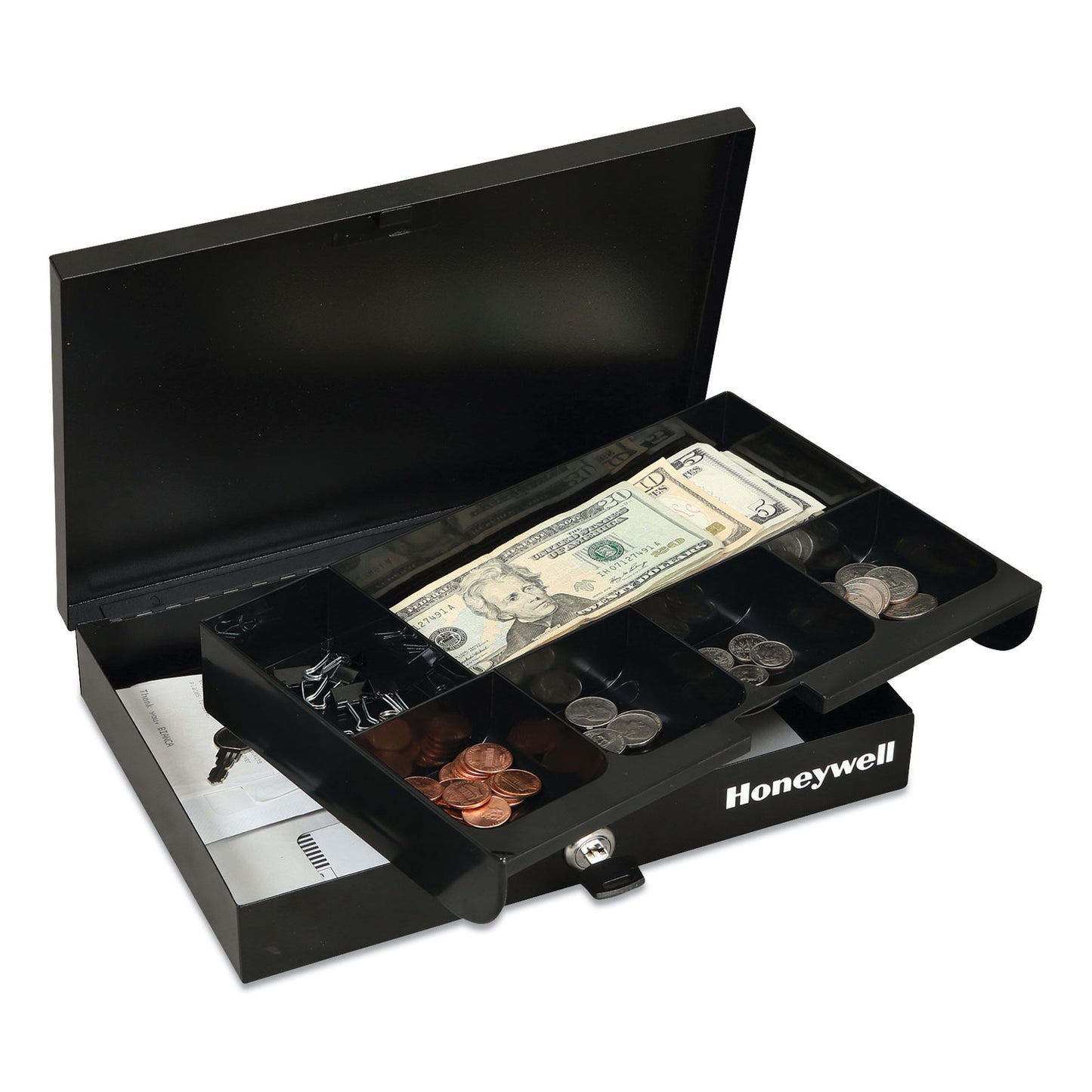 Honeywell Low Profile Cash Box,1 Bill, 5 Coin Slots, Key Lock, 11.6 x 8 x 1.9, Steel, Black (6212)