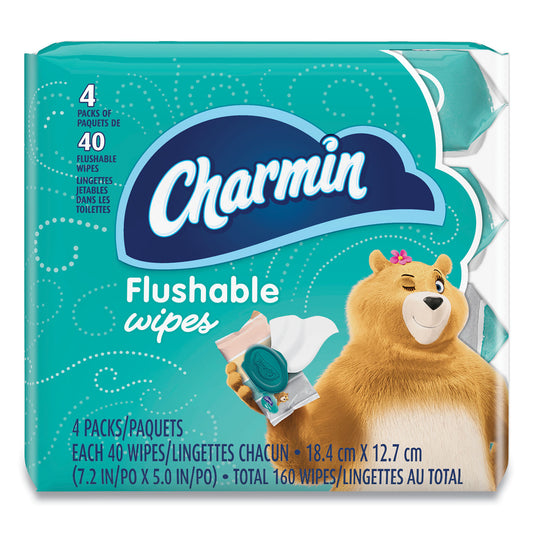 Charmin Flushable Wipes, 1-Ply, 5 x 7.2, Unscented, White, 40 Wipes/Tub, 4 Tubs/Pack (79619)