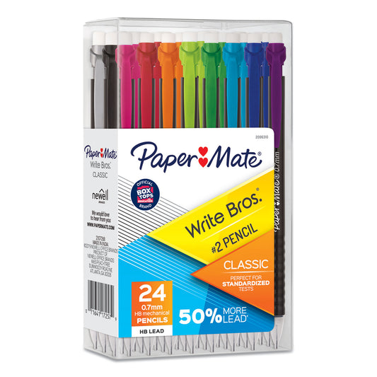 Paper Mate Write Bros Mechanical Pencil, 0.7 mm, HB (#2), Black Lead, Black Barrel with Assorted Clip Colors, 24/Box (2096310)