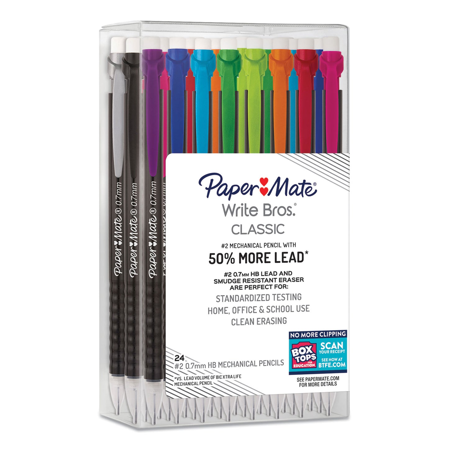 Paper Mate Write Bros Mechanical Pencil, 0.7 mm, HB (#2), Black Lead, Black Barrel with Assorted Clip Colors, 24/Box (2096310)