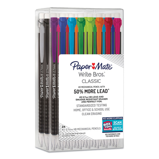 Paper Mate Write Bros Mechanical Pencil, 0.7 mm, HB (#2), Black Lead, Black Barrel with Assorted Clip Colors, 24/Box (2096310)