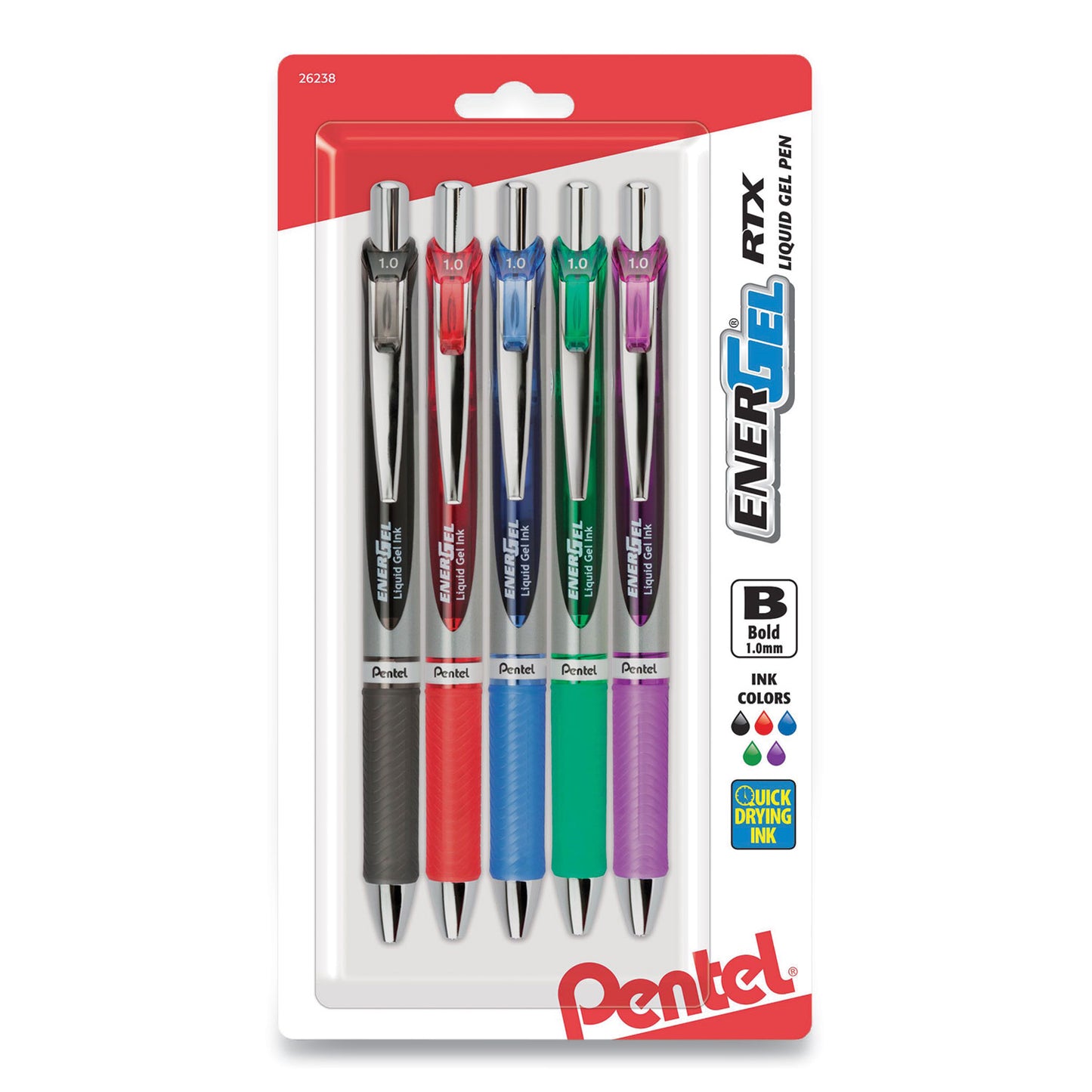 Pentel EnerGel RTX Gel Pen, Retractable, Bold 1 mm, Assorted Ink and Barrel Colors, 5/Pack (BL80BP5M)