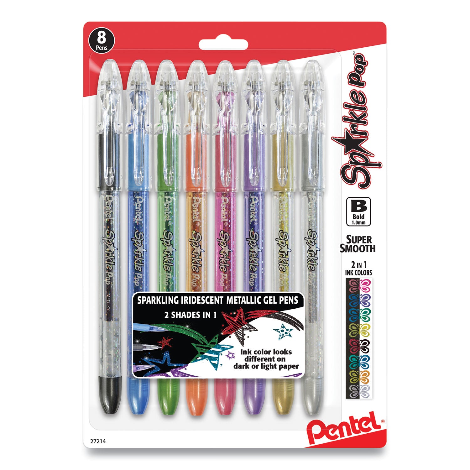 Pentel Sparkle Pop Metallic Gel Pen, Stick, Bold 1 mm, Assorted Ink Colors, Clear Barrel, 8/Pack (K91BPS8M)