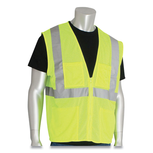 PIP ANSI Class 2 Four Pocket Zipper Safety Vest, Polyester Mesh, X-Large, Hi-Viz Lime Yellow (MVGZ4PLYXL)