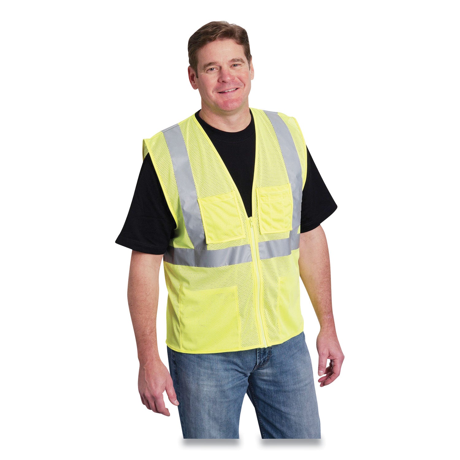 PIP ANSI Class 2 Four Pocket Zipper Safety Vest, Polyester Mesh, Large, Hi-Viz Lime Yellow (302MVGZ4PLYL)