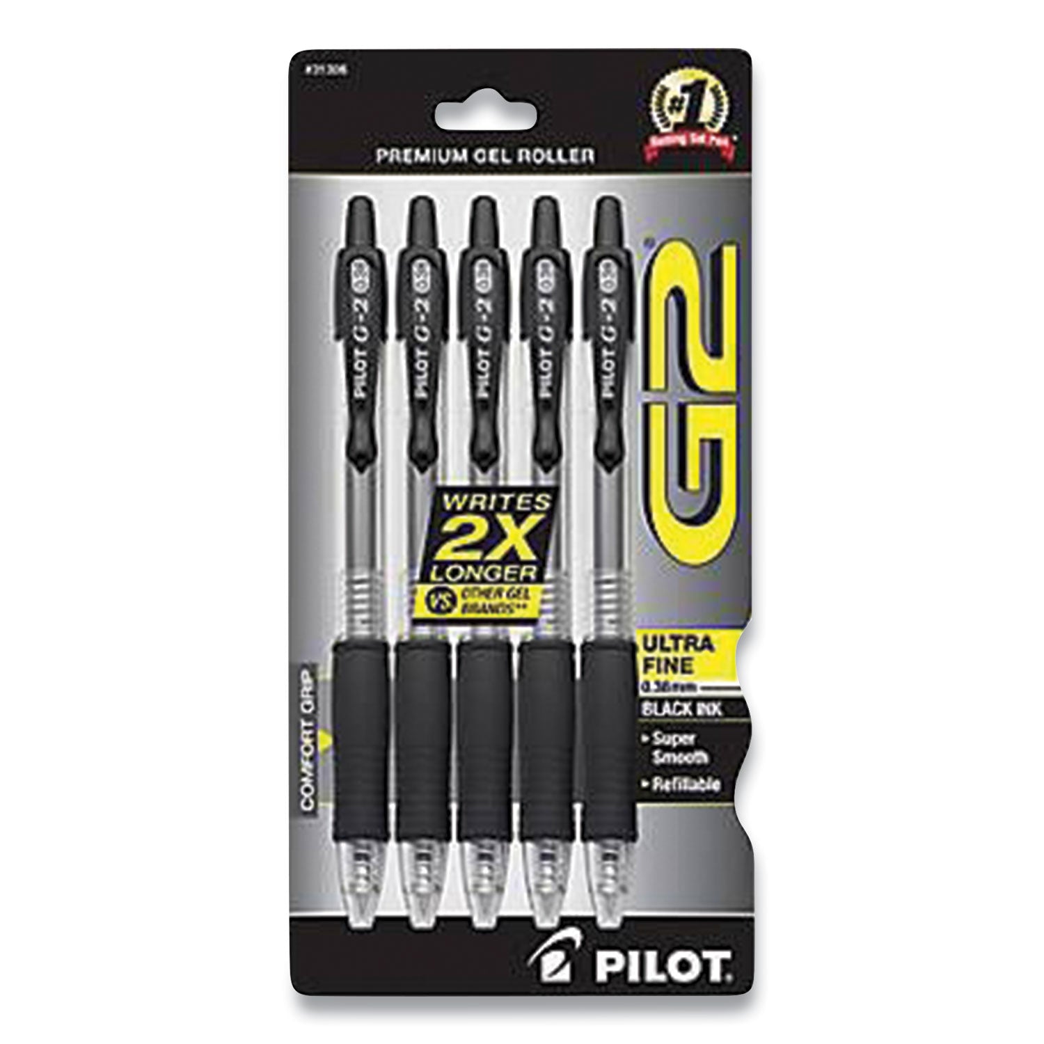 Pilot G2 Premium Gel Pen, Retractable, Extra-Fine 0.38 mm, Black Ink, Clear/Black Barrel, 5/Pack (G23C5BLK)