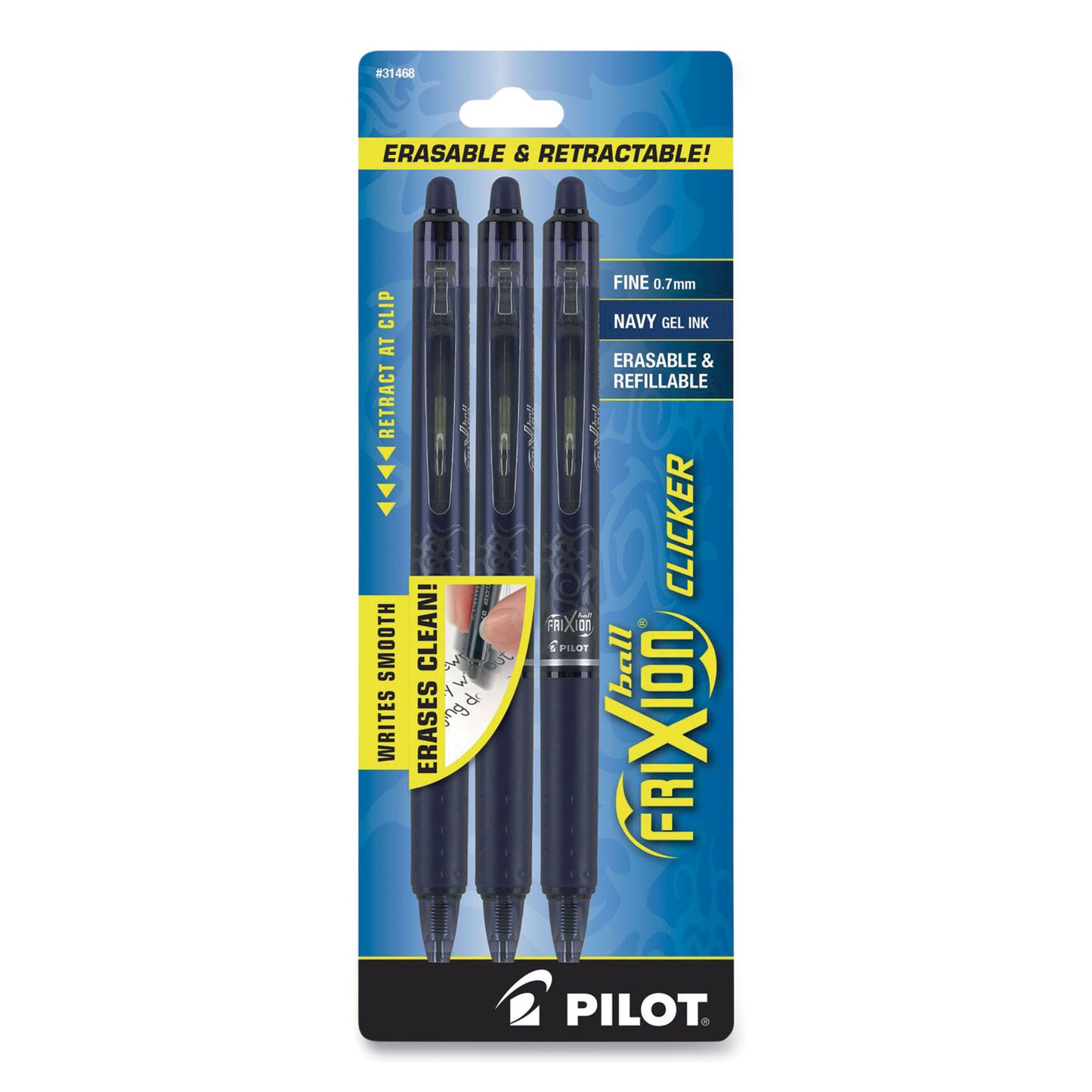 Pilot FriXion Clicker Erasable Gel Pen, Retractable, Fine 0.7 mm, Navy Ink, Navy Barrel, 3/Pack (31468)