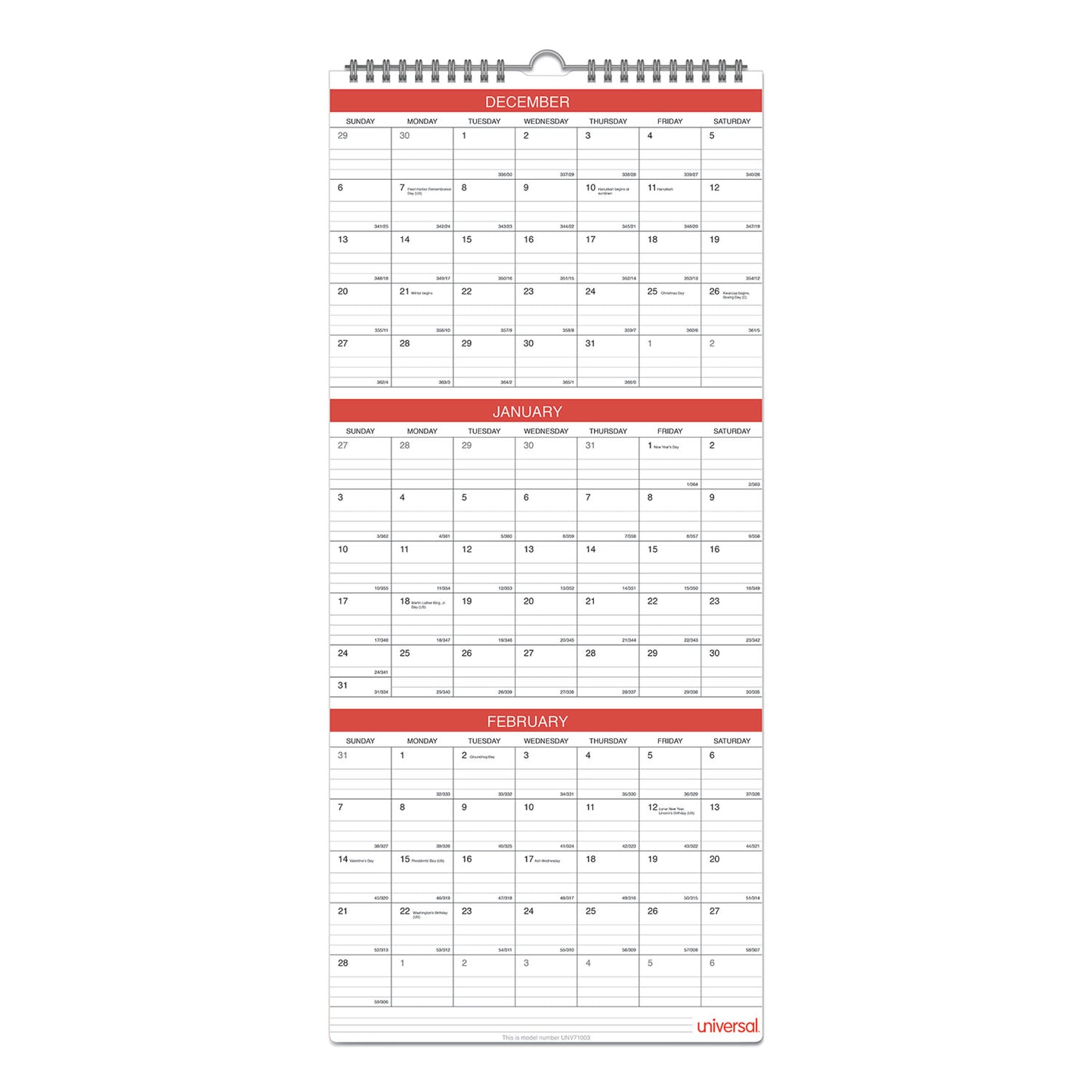 Universal Three-Month Wall Calendar, 12 x 27, White/Red Sheets, 14-Month: Dec 2024 to Jan 2026 (71003)