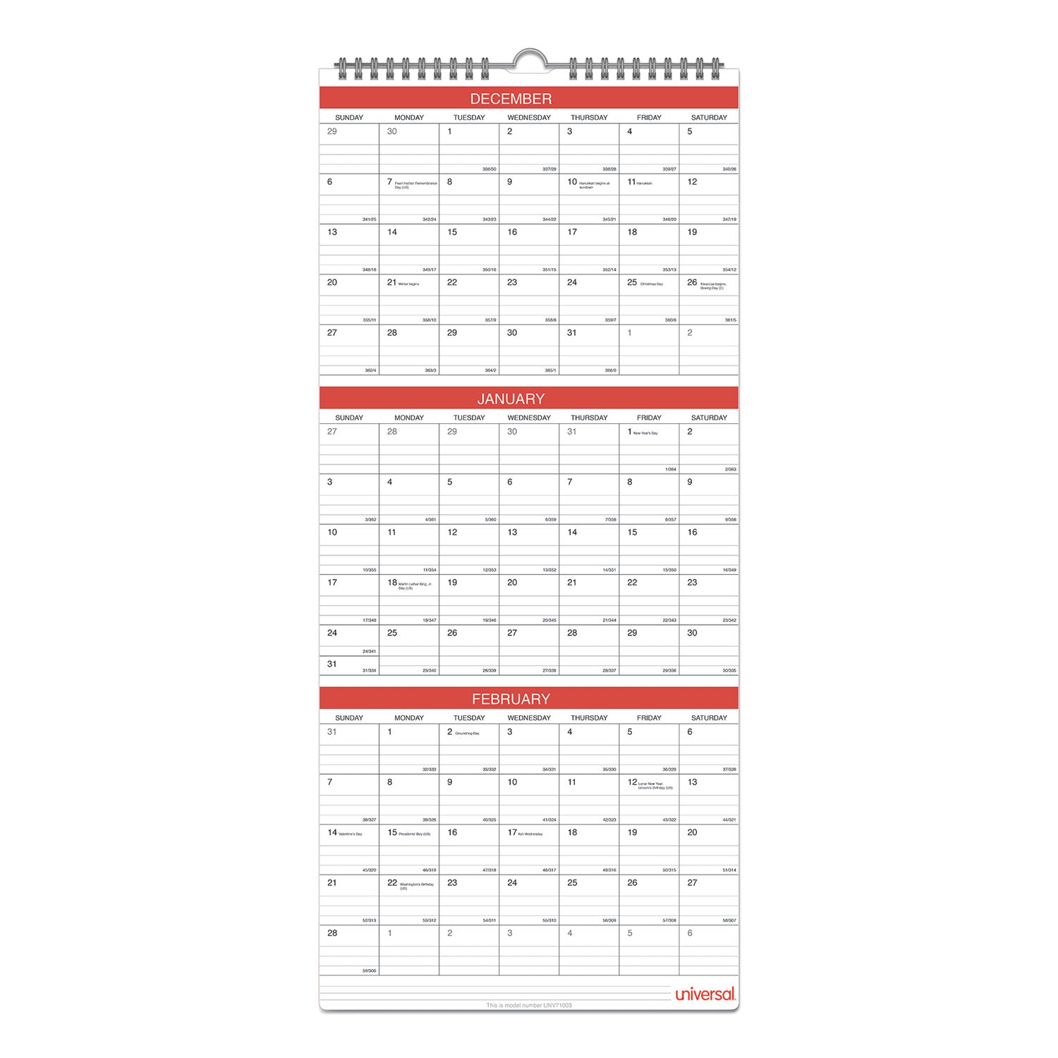 Universal Three-Month Wall Calendar, 12 x 27, White/Red Sheets, 14-Month: Dec 2024 to Jan 2026 (71003)