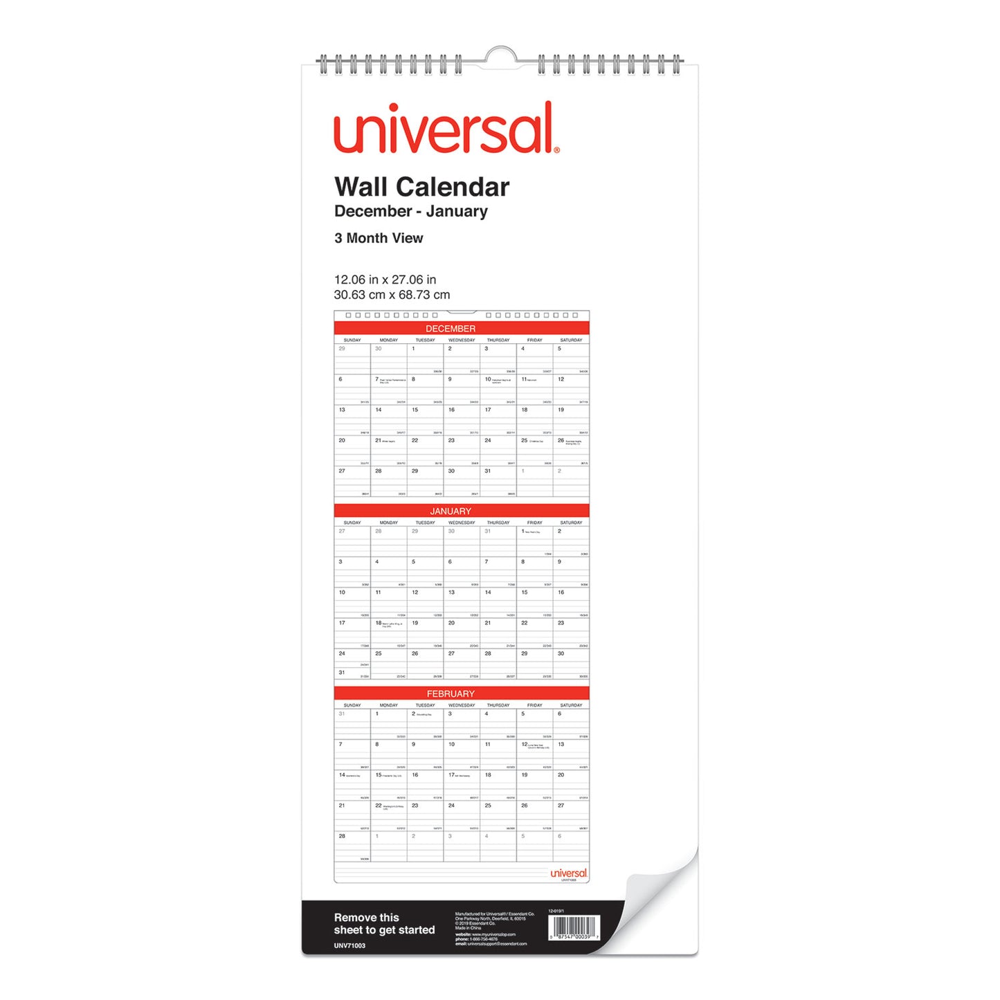 Universal Three-Month Wall Calendar, 12 x 27, White/Red Sheets, 14-Month: Dec 2024 to Jan 2026 (71003)