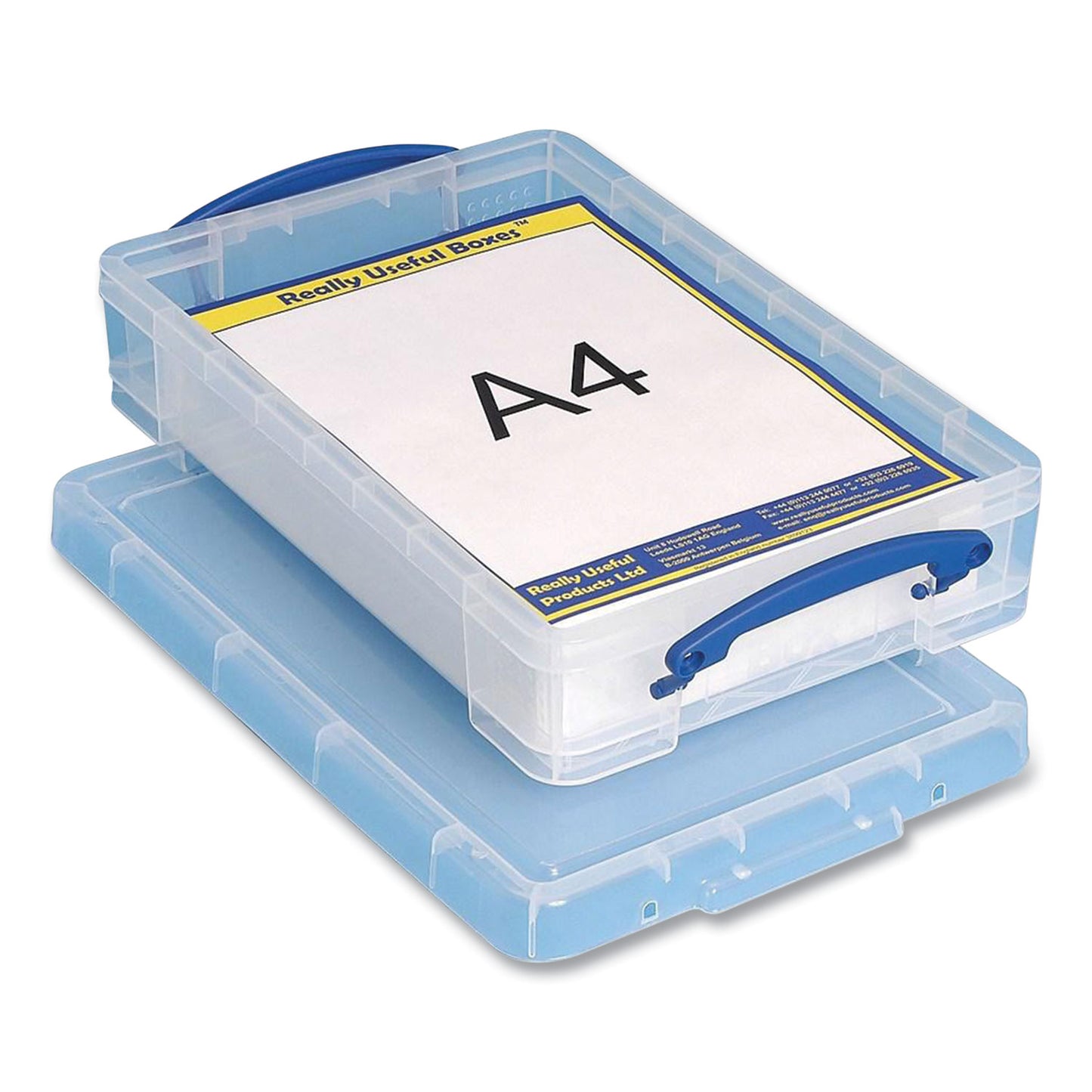 Really Useful Box Snap-Lid Storage Bin, 1.05 gal, 10.25" x 14.5" x 3.37", Clear/Blue (4LITRECLEAR)