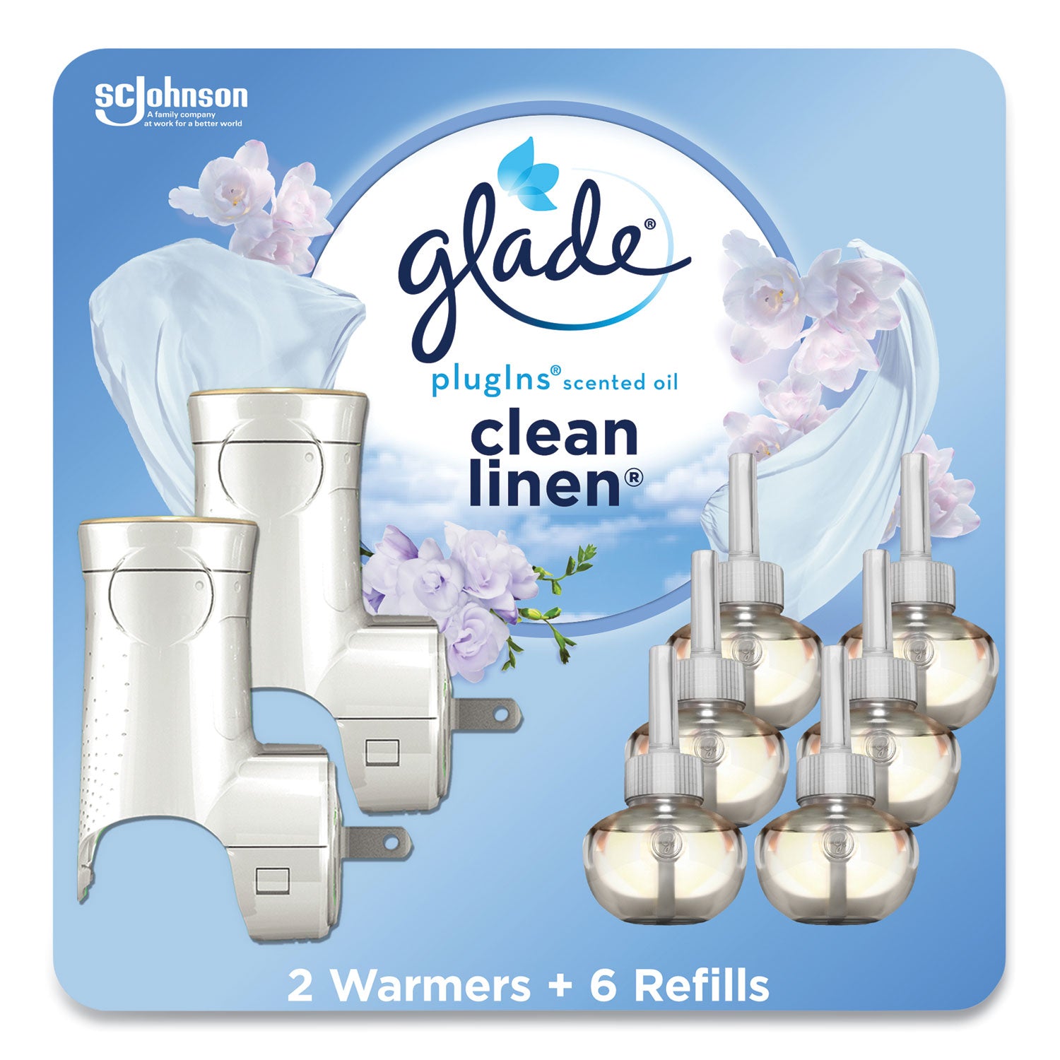 Glade Plugin Scented Oil, Clean Linen, 0.67 oz, 2 Warmers and 6 Refills/Pack (319963)