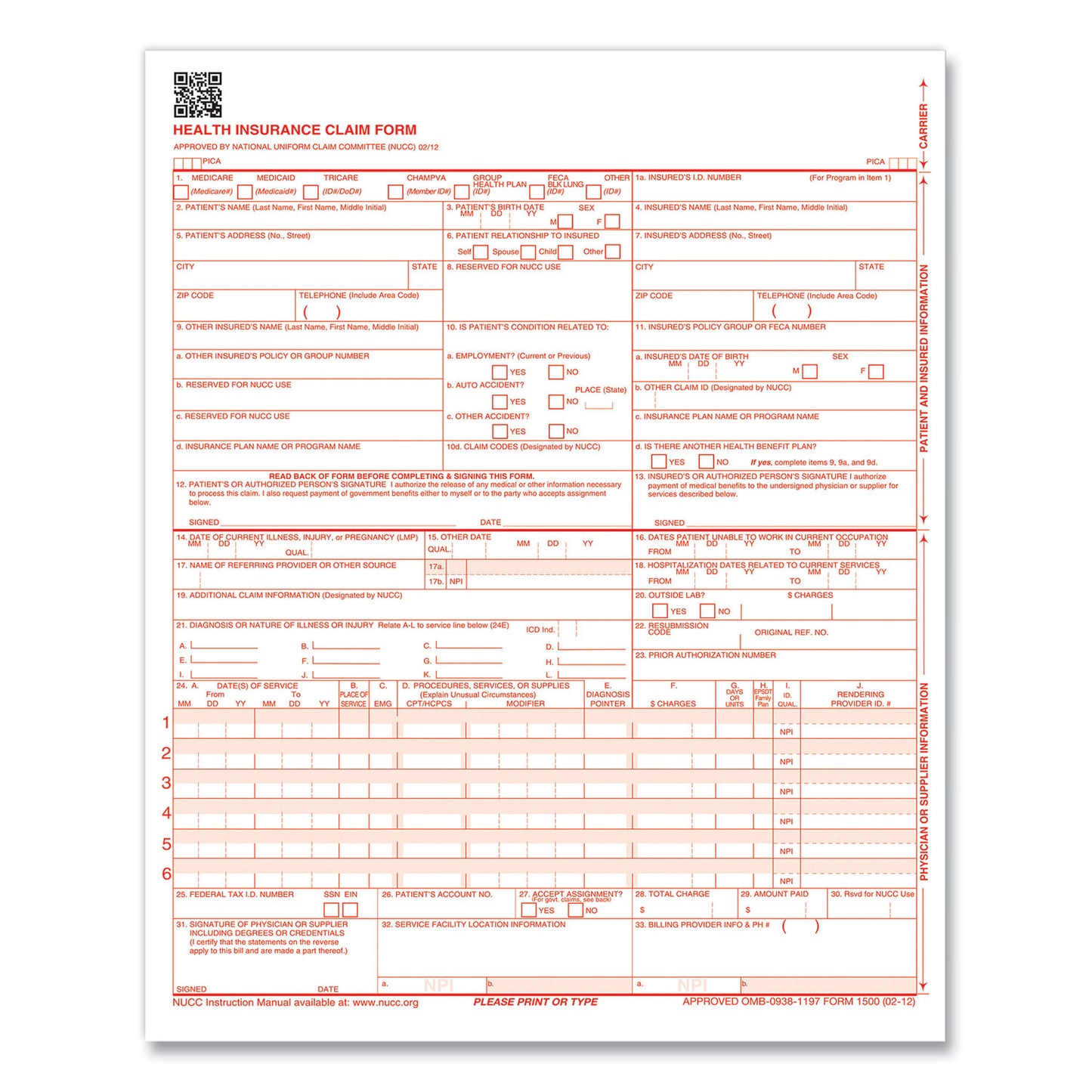 ComplyRight CMS-1500 Health Insurance Claim Form, One-Part (No Copies), 8.5 x 11, 1,000 Forms Total (CMS12LC1)