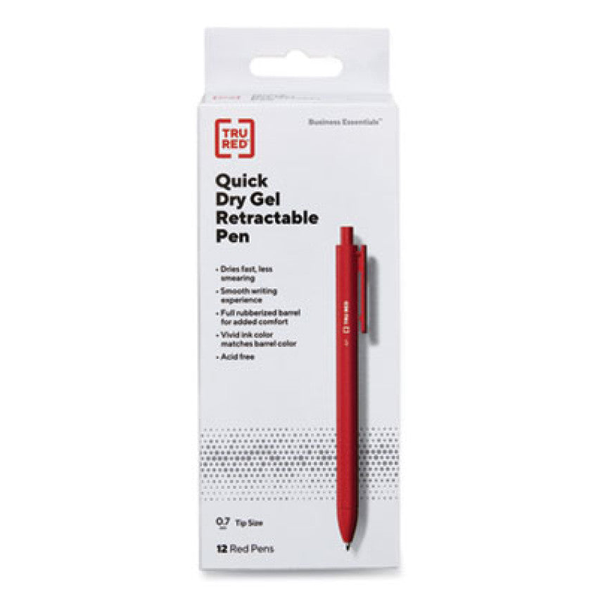 TRU RED Quick Dry Gel Pen, Retractable, Medium 0.7 mm, Red Ink, Red Barrel, Dozen (24377032)