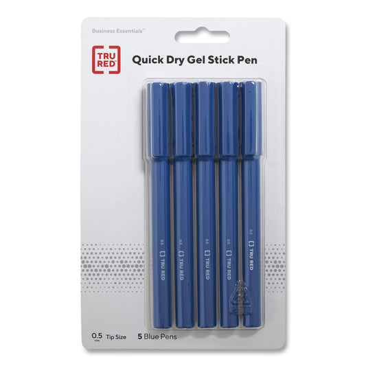 TRU RED Quick Dry Gel Pen, Stick, Fine 0.5 mm, Blue Ink, Blue Barrel, 5/Pack (24377034)