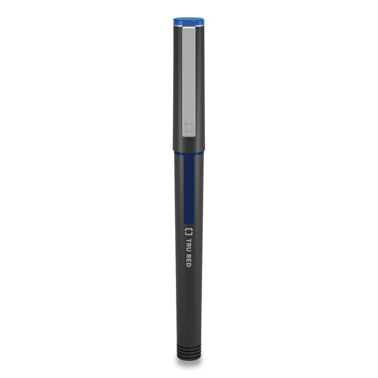 TRU RED Roller Ball Pen, Stick, Fine 0.5 mm, Blue Ink, Black/Blue/Clear Barrel, Dozen (24419531)