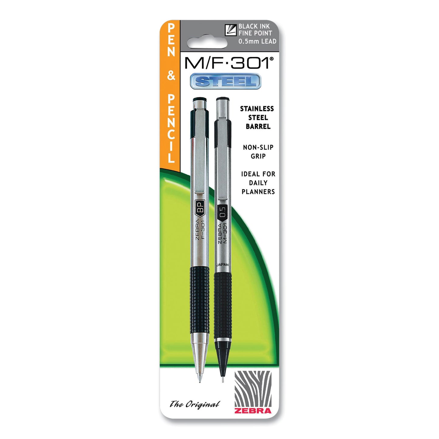 Zebra M/F 301 Stainless Steel Retractable Pen and Pencil Set, 0.7 mm Black Pen, 0.5 mm HB Pencil, Stainless Steel Barrels (57011)