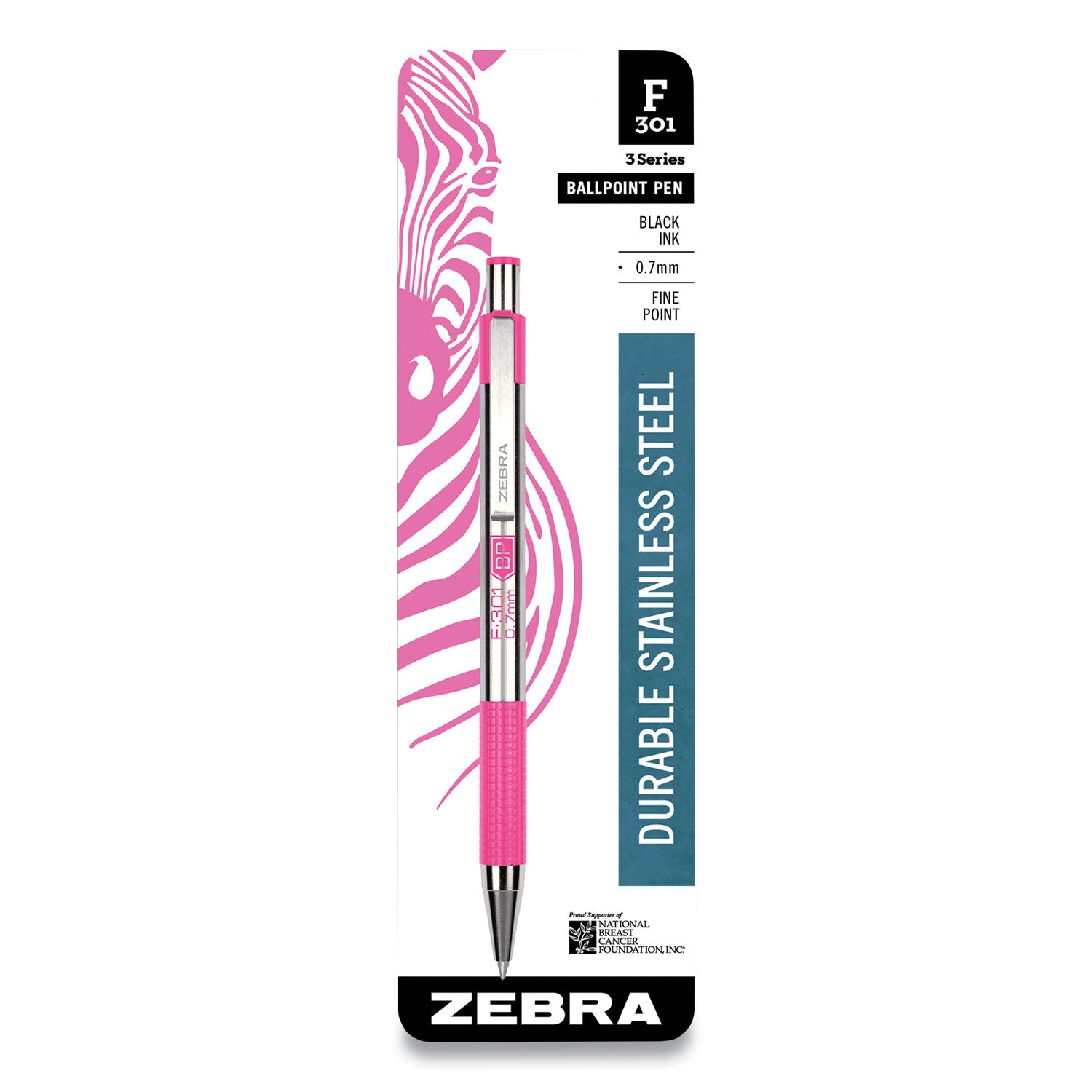 Zebra F-301 Ballpoint Pen, Retractable, Fine 0.7 mm, Black Ink, Stainless Steel/Pink Barrel (37111)