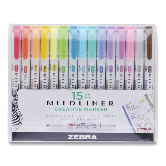 Zebra Mildliner Double Ended Highlighter, Assorted Ink Colors, Bold-Chisel/Fine-Bullet Tips, Assorted Barrel Colors, 15/Pack (78115)