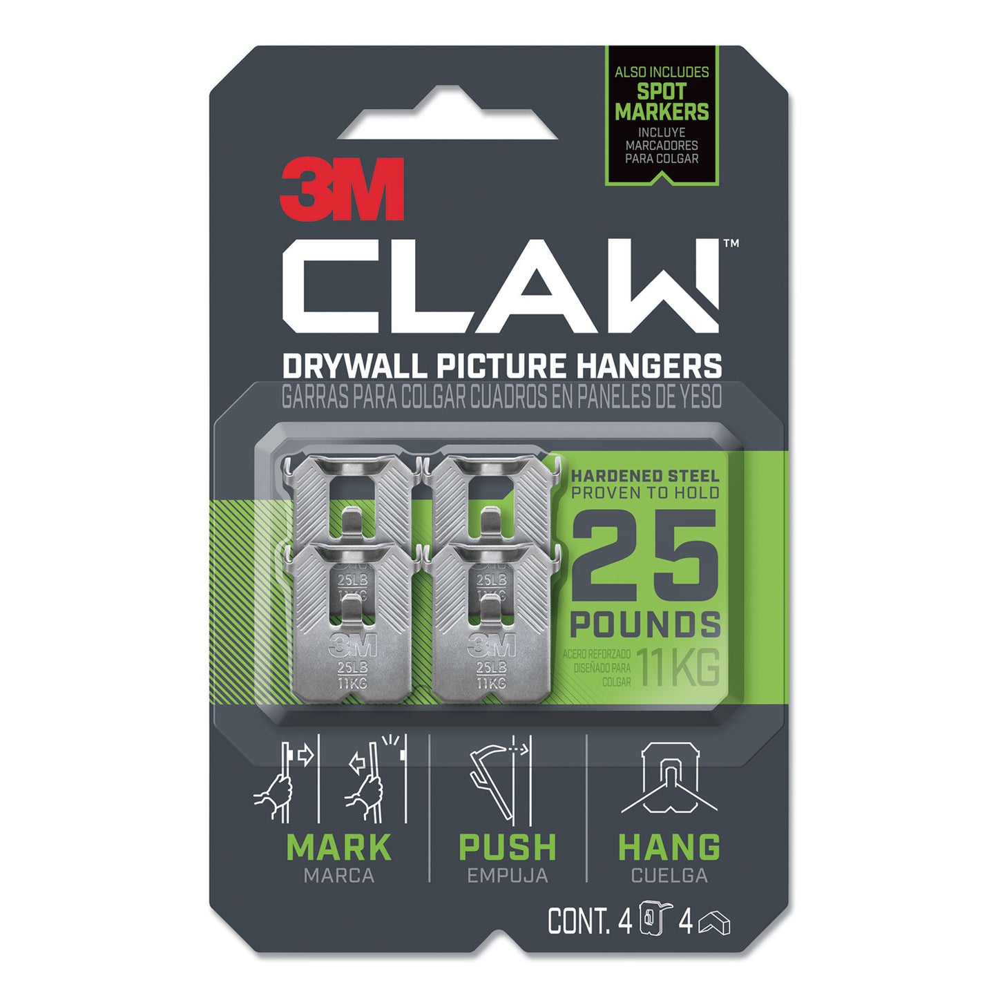 3M Claw Drywall Picture Hanger, Stainless Steel, 25 lb Capacity, 4 Hooks and 4 Spot Markers, (3PH25M4ES)