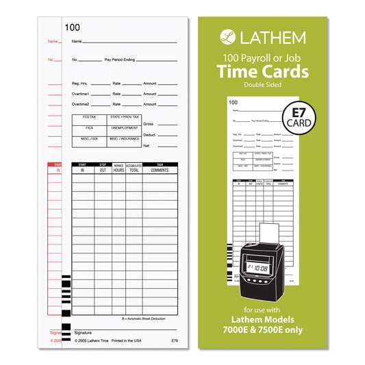 Time Clock Cards for Lathem Time 7000E/7500E, Two Sides, 3.38 x 8.78, 100/Pack (E79100)