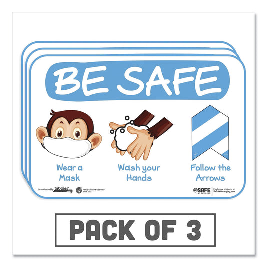 Tabbies BeSafe Messaging Education Wall Signs, 9 x 6,  "Be Safe, Wear a Mask, Wash Your Hands, Follow the Arrows", Monkey, 3/Pack (29506)