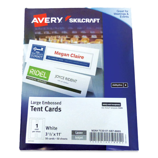 AbilityOne 7530016878805, SKILCRAFT AVERY Tent Cards, White, 3.5 x 11, 1 Card/Sheet, 50 Sheets/Pack