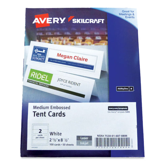 AbilityOne 7530016878806, SKILCRAFT AVERY Tent Cards, White, 2.5 x 8.5, 2 Cards/Sheet, 50 Sheets/Pack