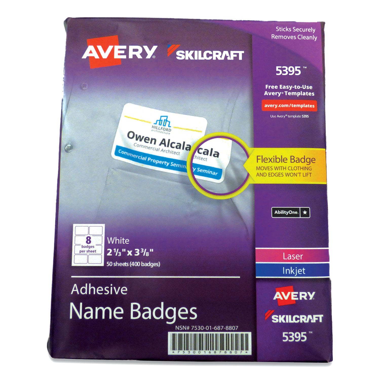 AbilityOne 7530016878807, SKILCRAFT AVERY Adhesive Name Badges, 2.33 x 3.38, White, 400/Pack