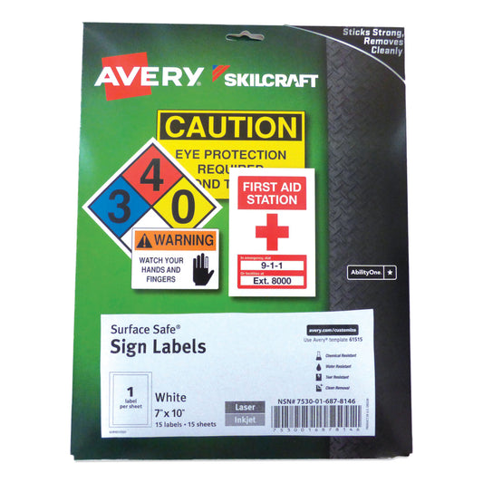 AbilityOne 7530016878146, SKILCRAFT AVERY Surface Safe Sign Labels, 7 x 10, White, 1/Sheet, 15 Sheets/Box, 12 Boxes/Box