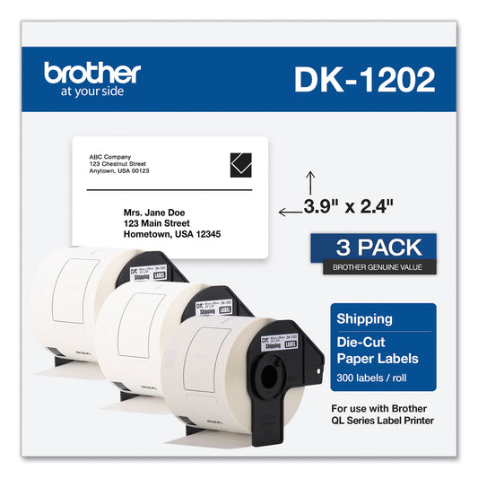 Brother Die-Cut Shipping Labels, 2.4 x 3.9, White, 300 Labels/Roll, 3 Rolls/Pack (DK12023PK)