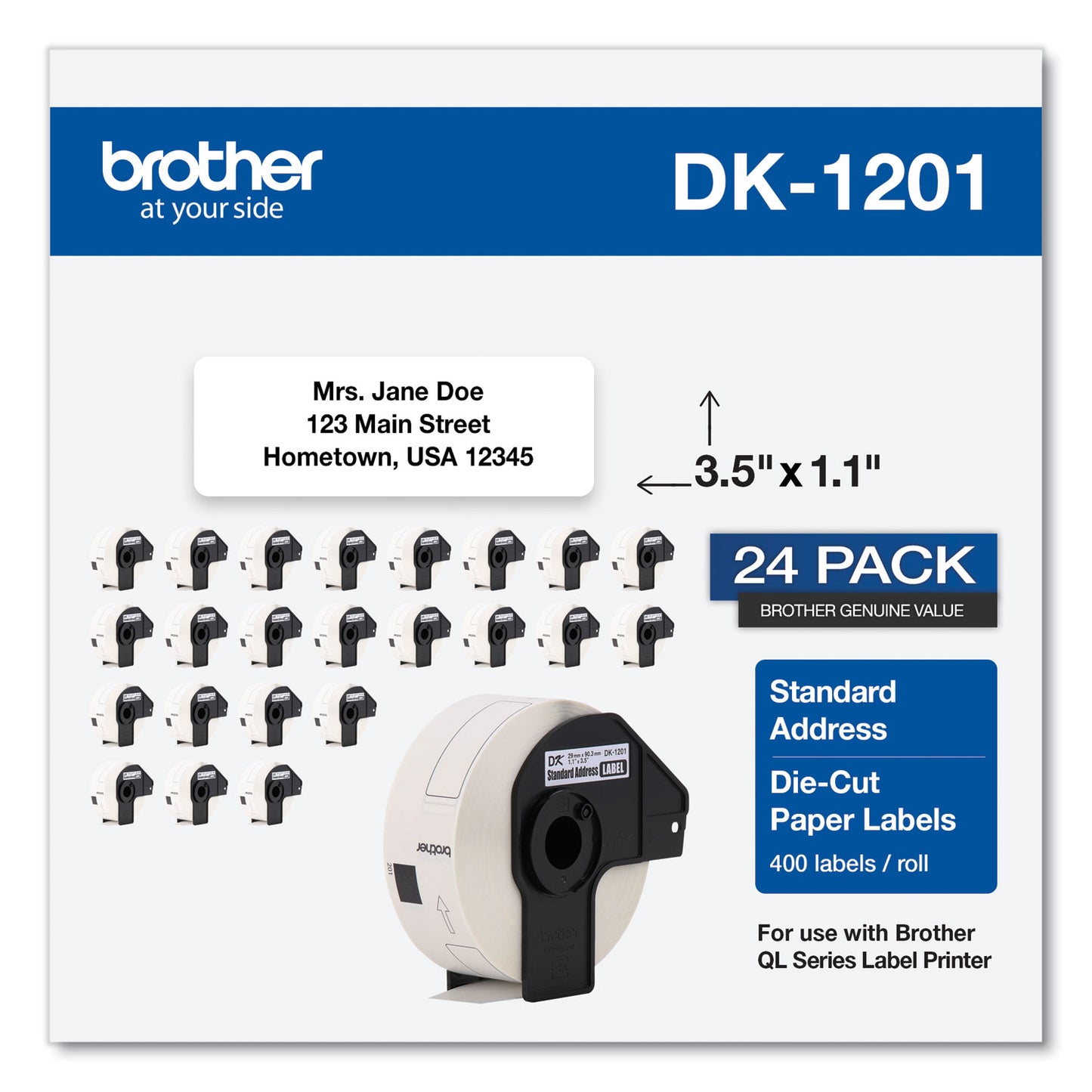 Brother Die-Cut Address Labels, 1.1 x 3.5, White, 400 Labels/Roll, 24 Rolls/Pack (DK120124PK)