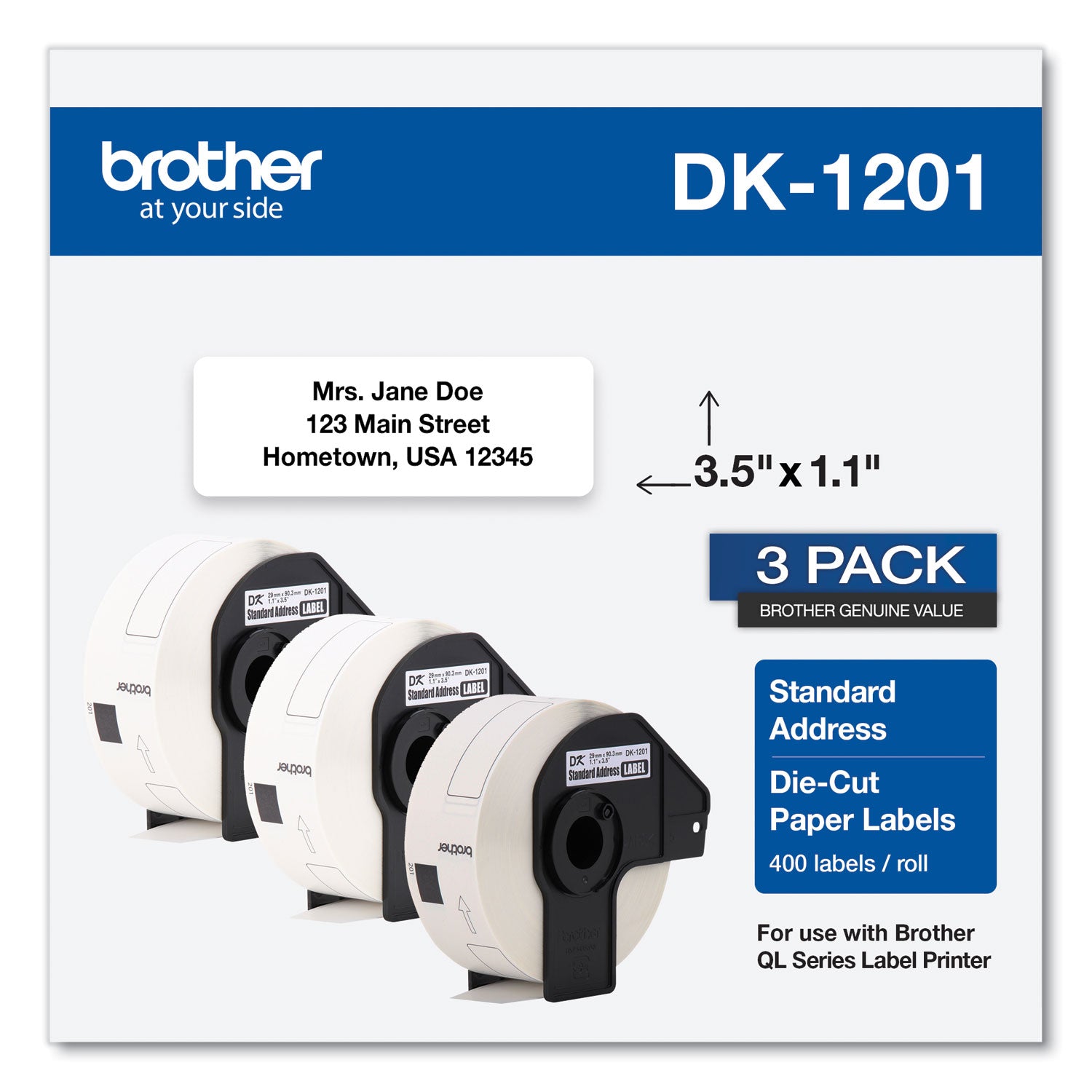 Brother Die-Cut Address Labels, 1.1 x 3.5, White, 400 Labels/Roll, 3 Rolls/Pack (DK12013PK)