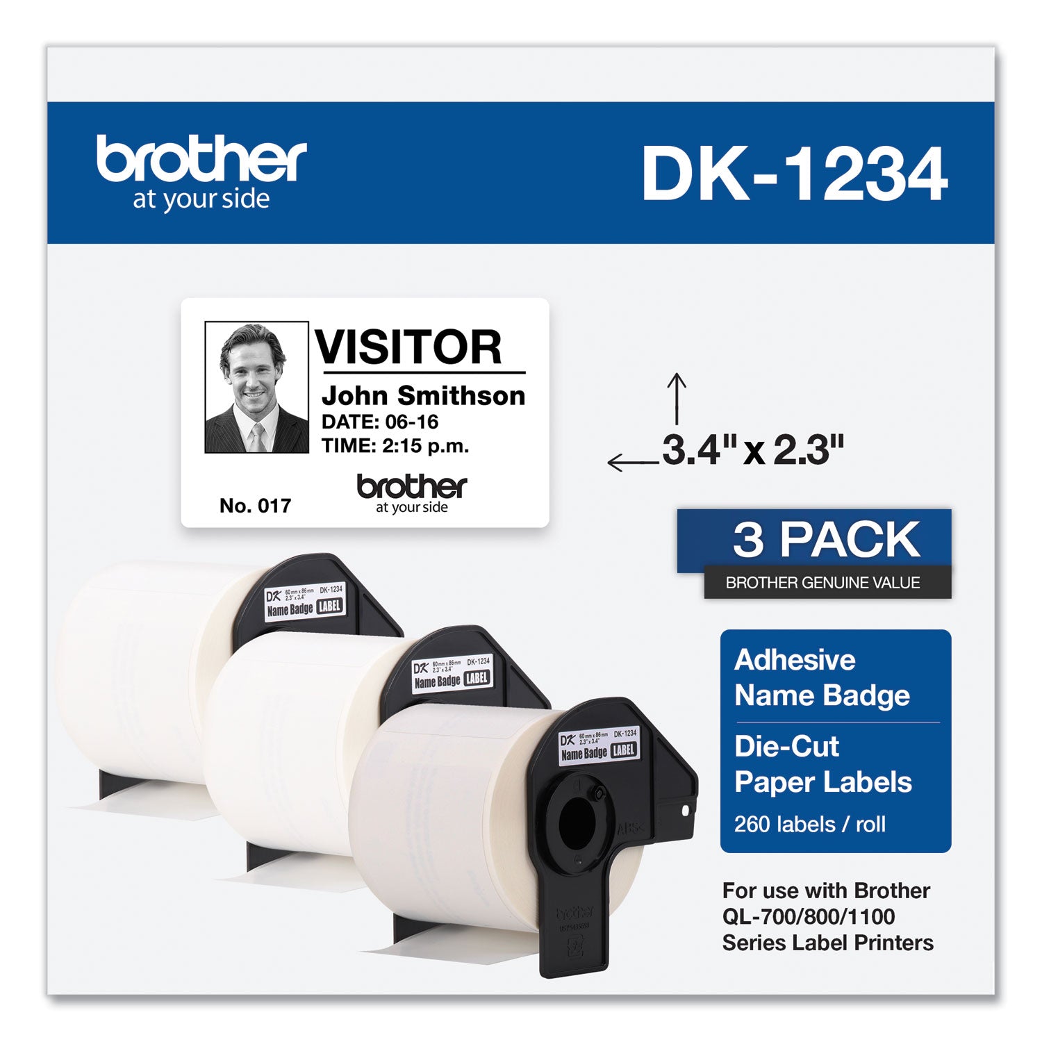 Brother Die-Cut Name Badge Labels, 2.3 x 3.4, White, 260 Labels/Roll, 3 Rolls/Pack (DK12343PK)