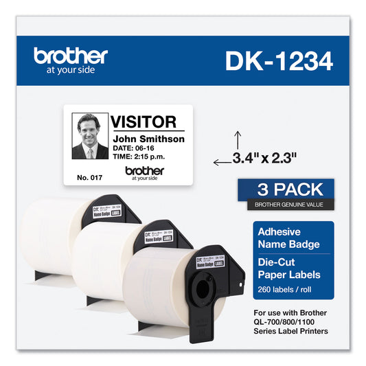 Brother Die-Cut Name Badge Labels, 2.3 x 3.4, White, 260 Labels/Roll, 3 Rolls/Pack (DK12343PK)