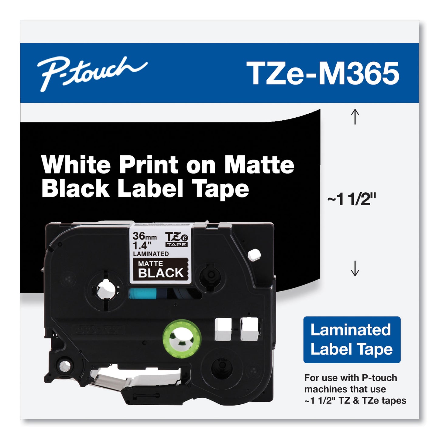 Brother TZe Standard Adhesive Laminated Labeling Tape, 1.4" x 26.2 ft, White on Matte Black (TZEM365)